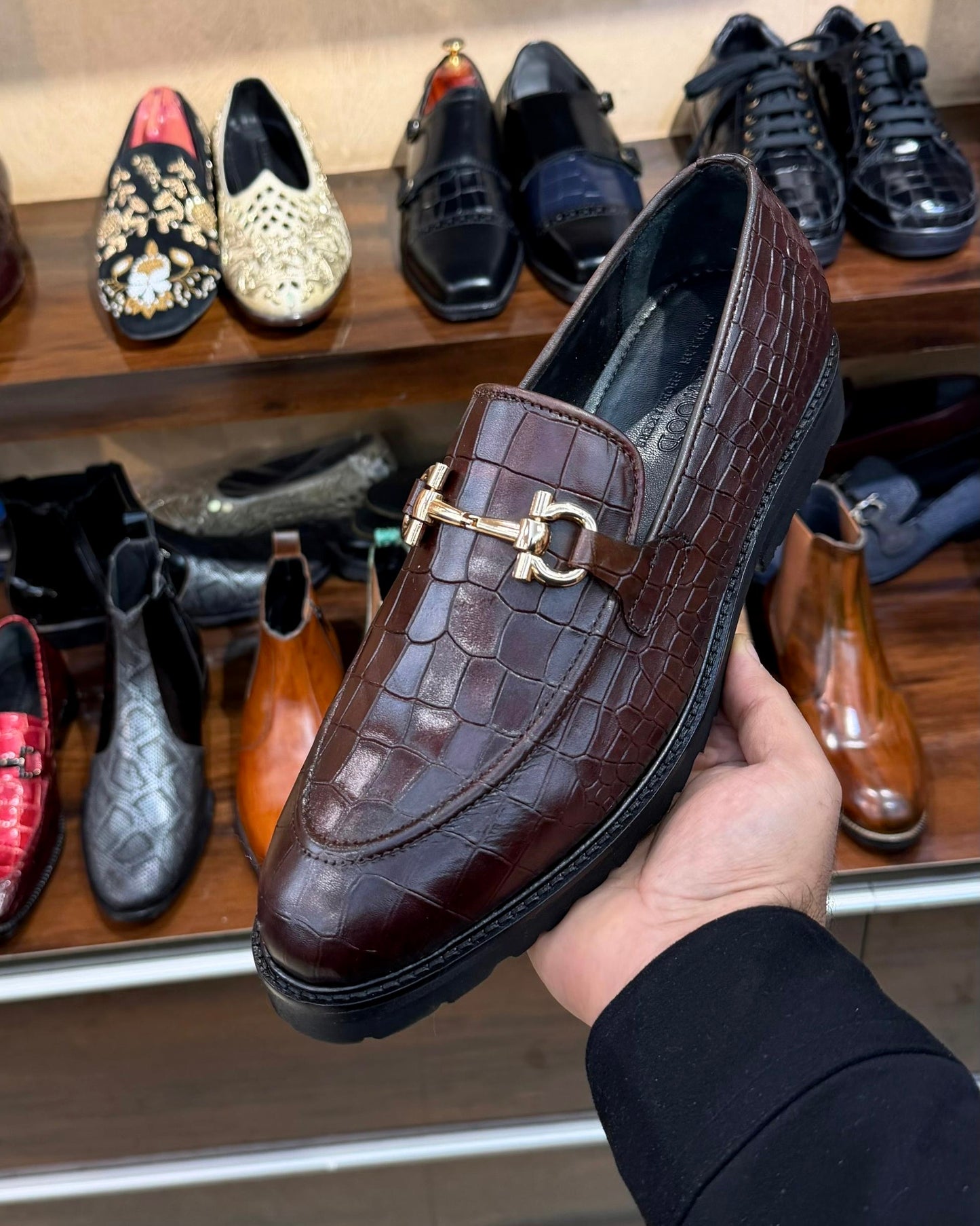 Brown Deep-cut Crocodile Scaled Horsebit Loafers with Lug Sole