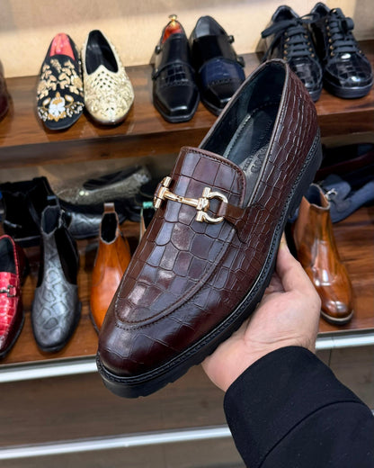 Brown Deep-cut Crocodile Scaled Horsebit Loafers with Lug Sole
