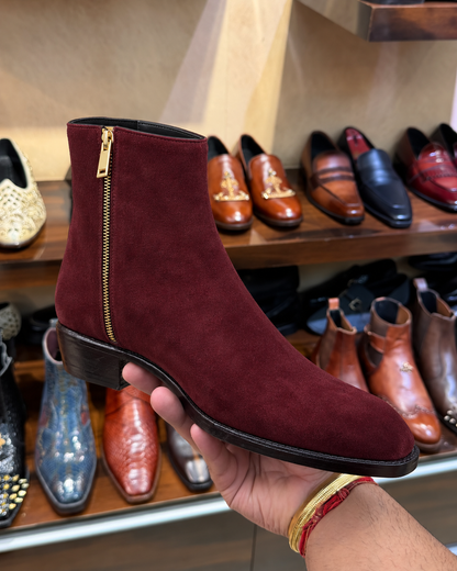 High-top Burgundy Suede Boots With Cuban Heel