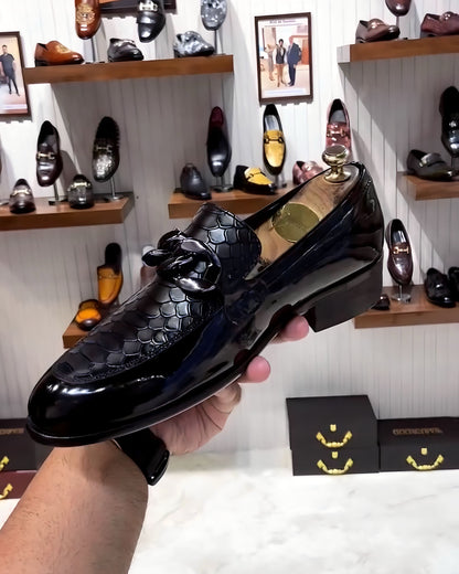 Black Patent Cobra Scaled Loafers with Chain Buckle