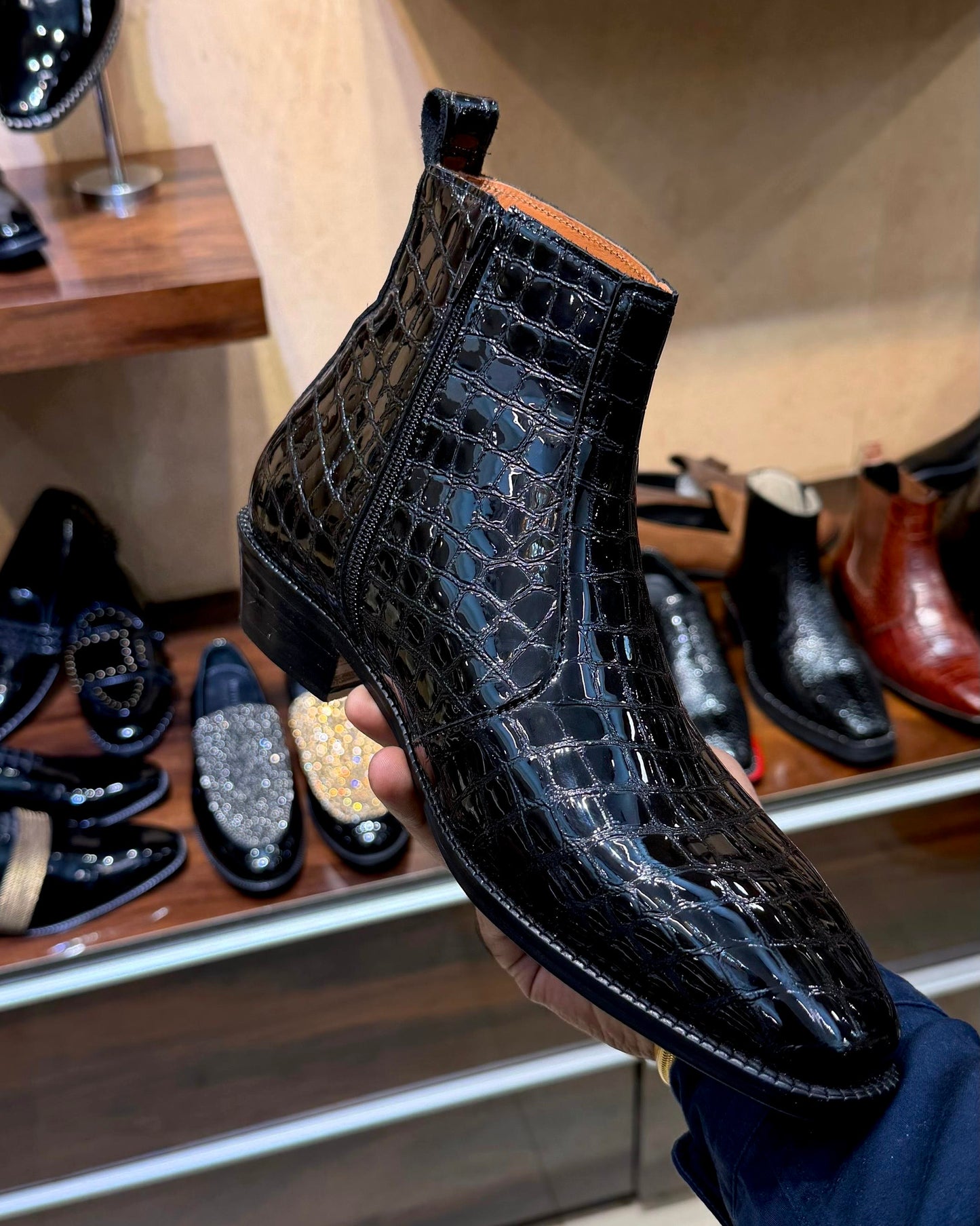 Black Patent Crocodile Scaled Zip Boots with Cuban Heel