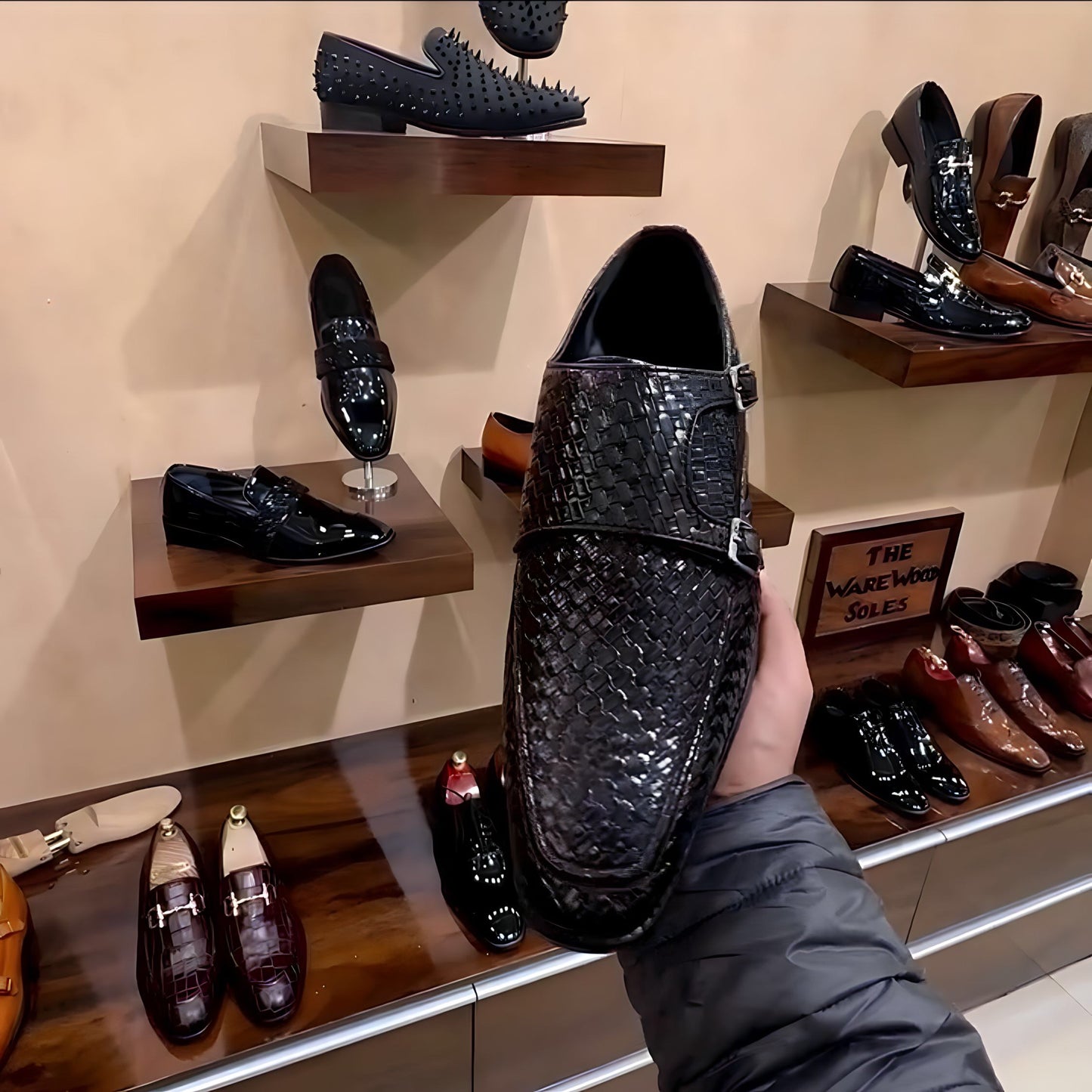 Black Braided Leather Double Monks