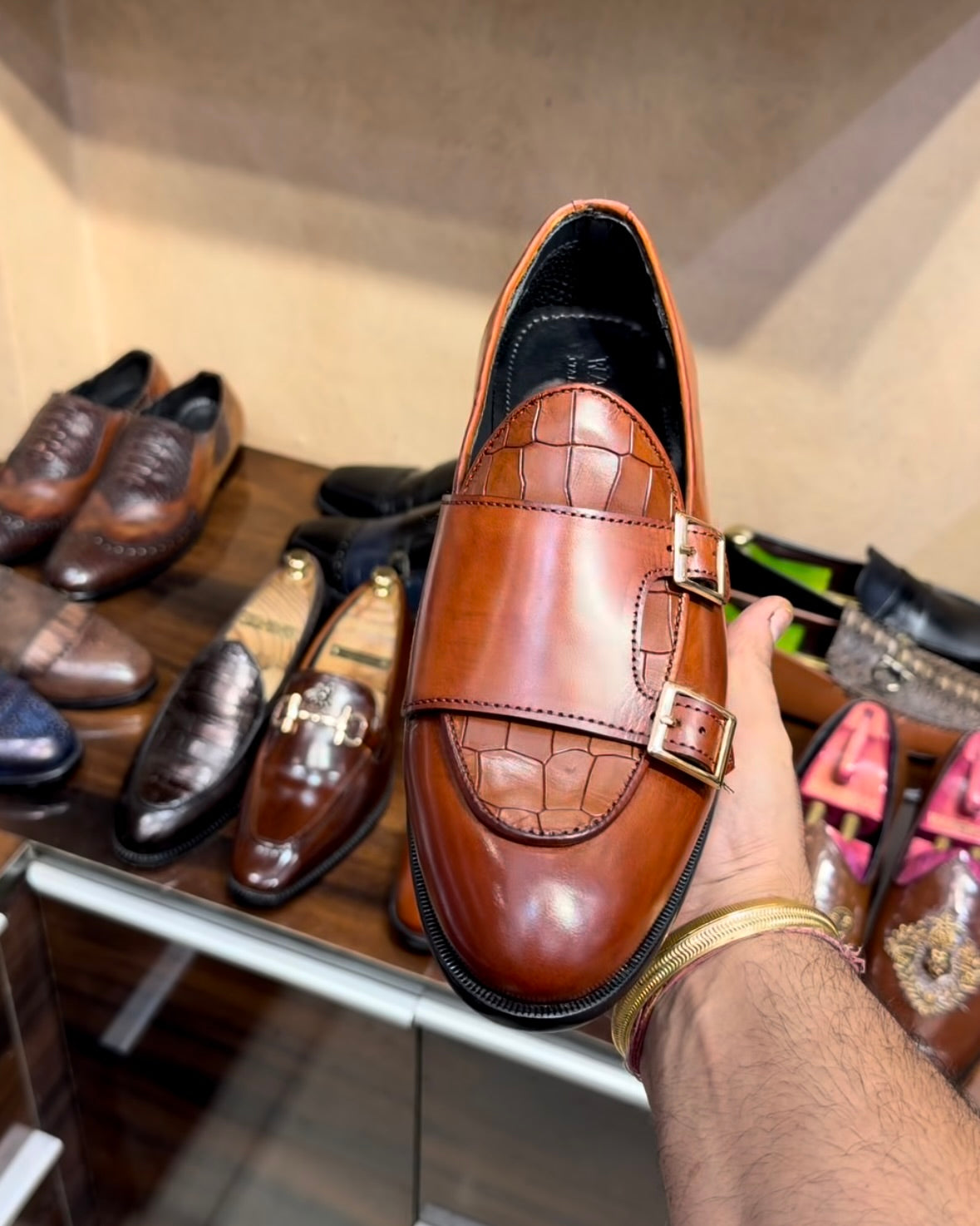 Tan Croco Patina Double Monk Loafers