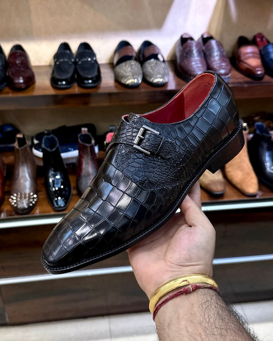 Black Crocodile Scaled Single Monks with Red Interior and Red Bottoms