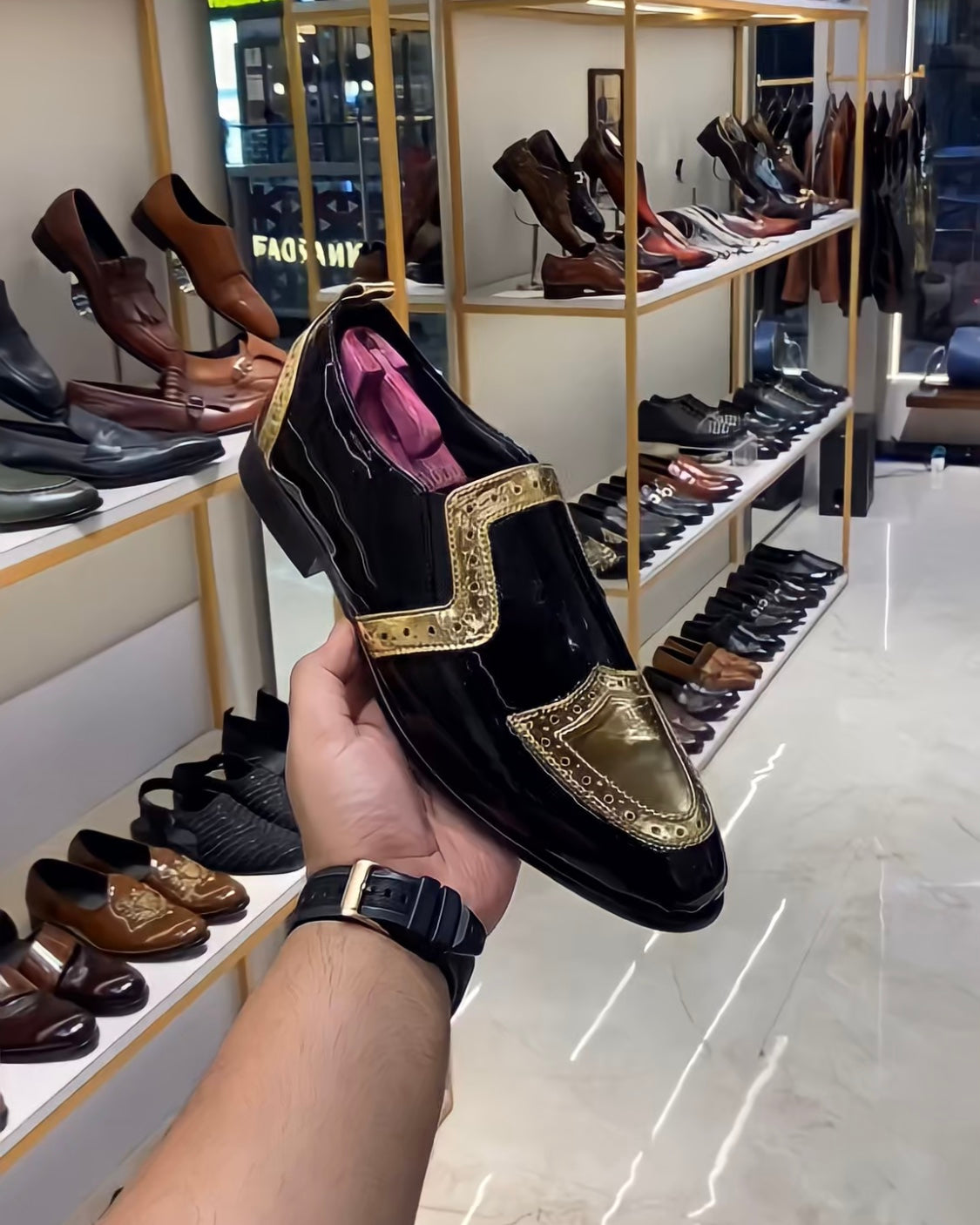 Gold Wingtip Patent Leather Slip-on Oxfords