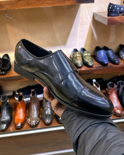 Classic Black Smooth Calf Leather Double Monks