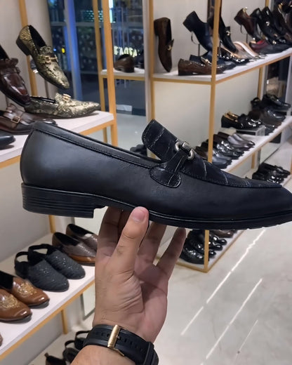 Matt Black Croc Scaled Moccasins with Rubber Sole