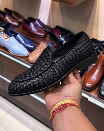 Black Hand-woven Leather Belgian Loafers