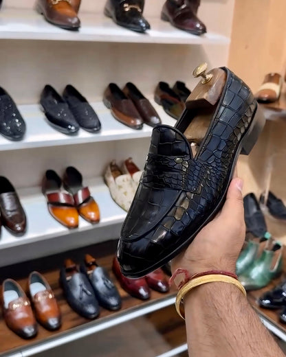 Classic Black Crocodile Scaled Penny Loafers