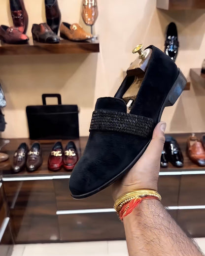 Black Suede Embroidery Strap Moccasins
