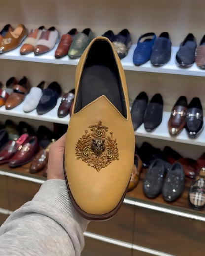 Beige Goat Leather Embroidery Mojaris with Brown Sole