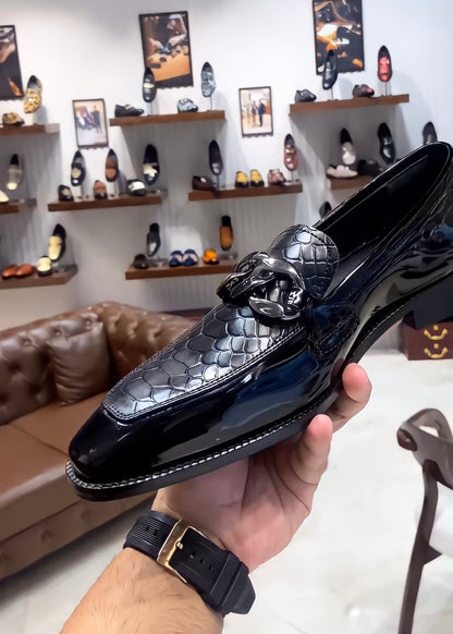 Black Patent Cobra Scaled Spectator Loafers with Chain Buckle
