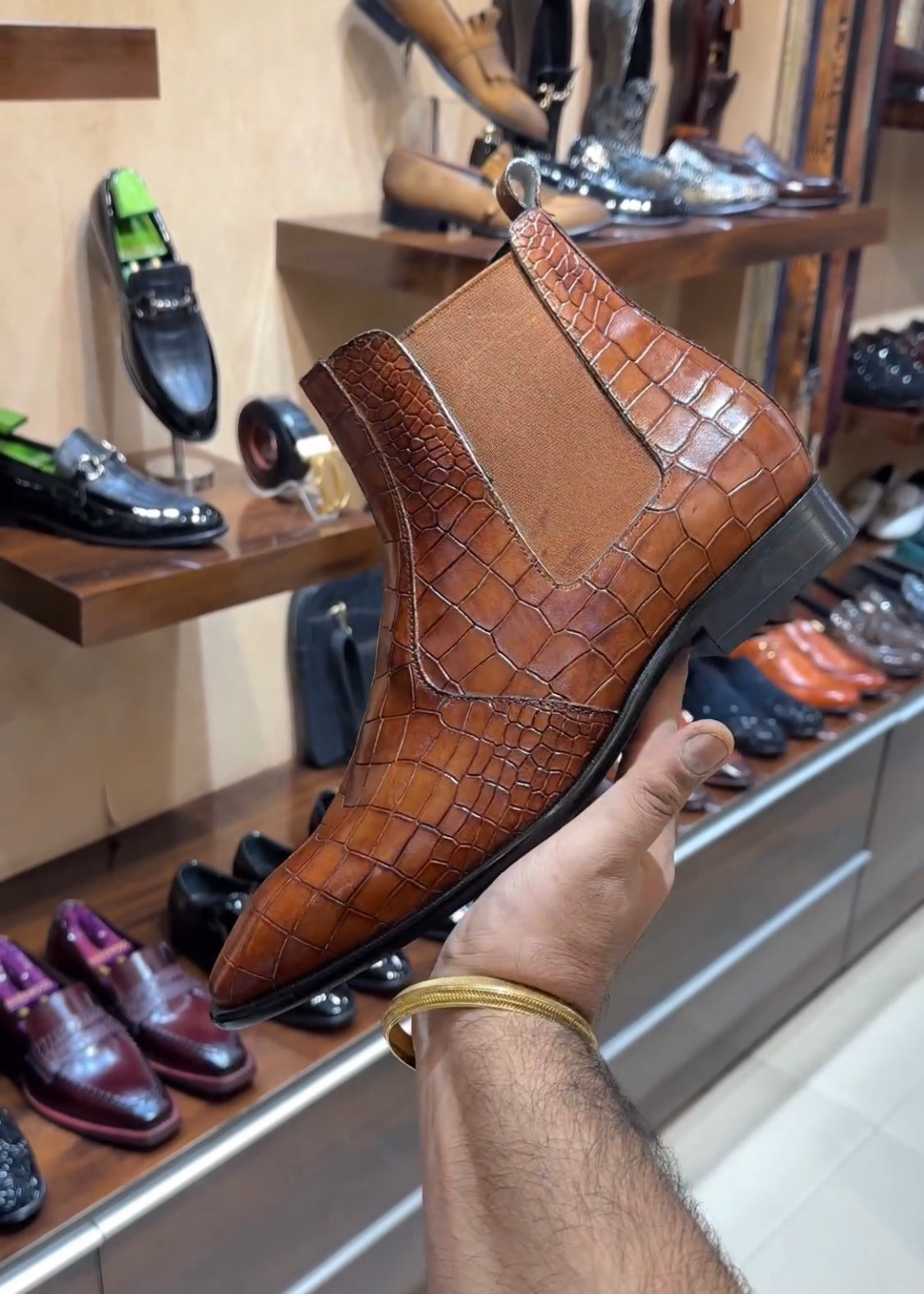 Tan Patina Croc Scaled Chelsea Boots