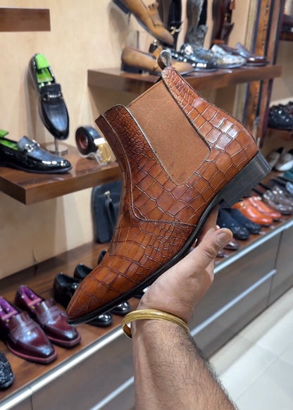 Tan Patina Croc Scaled Chelsea Boots