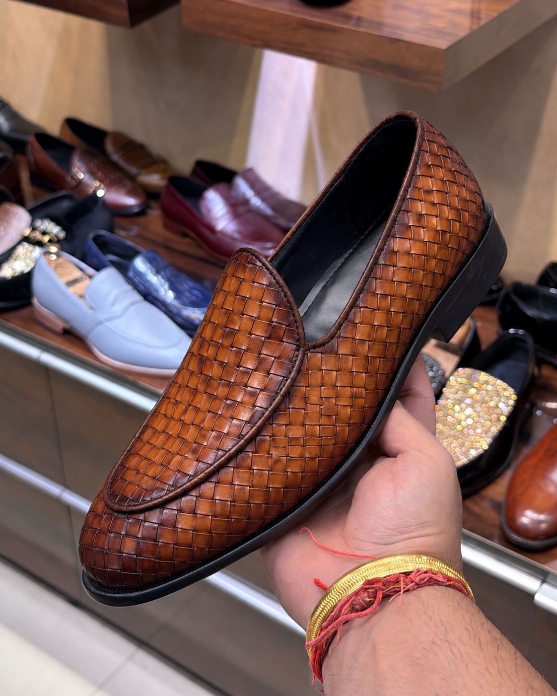 Burnished Tan Hand-woven Leather Belgian Loafers