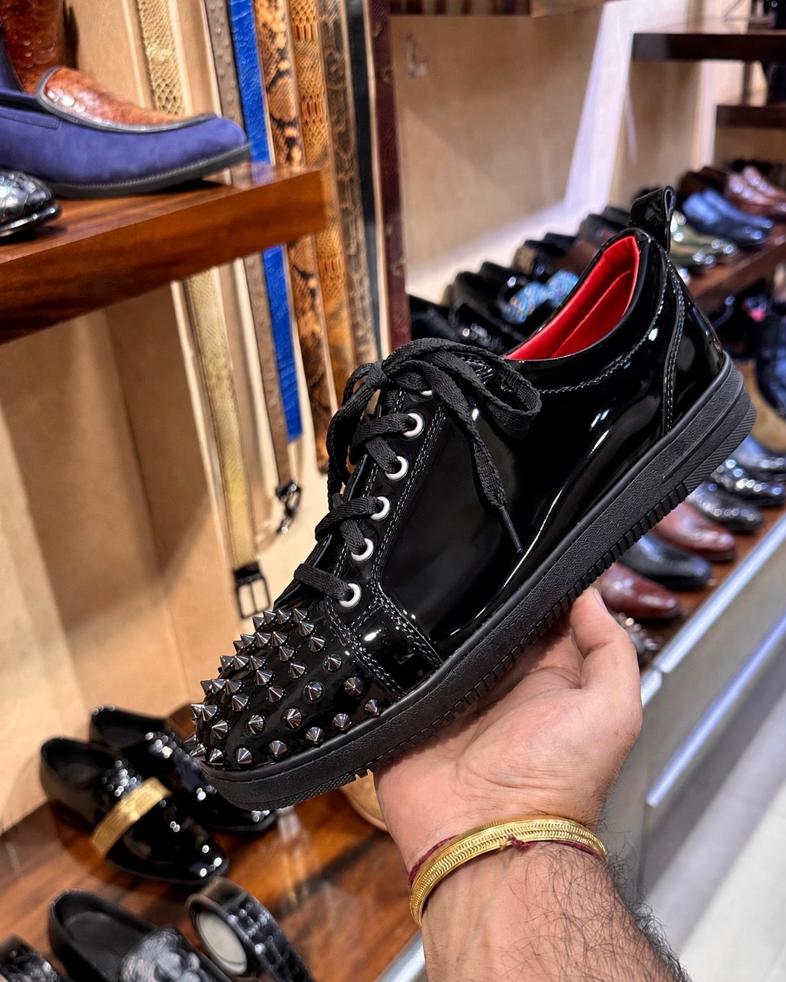Black Patent Leather Studded Toe Sneakers With Red Interior
