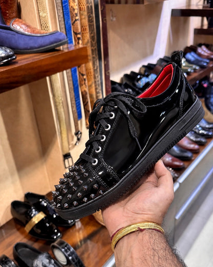 Black Patent Leather Studded Toe Sneakers With Red Interior