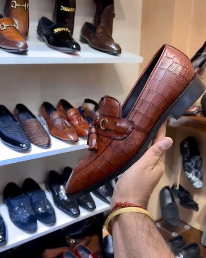 Dark Tan Crocodile Scaled Tassel Loafers