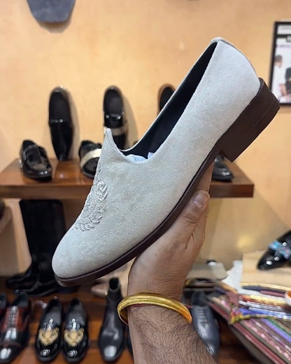 Off-white Suede Mojaris with Brown Wood Sole