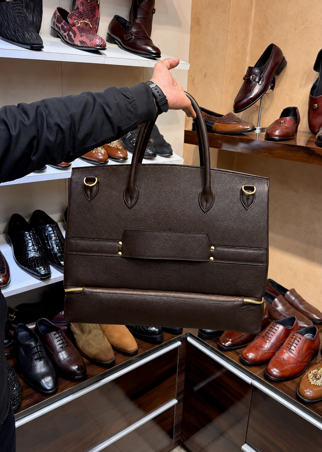 Dark Brown Full Grain Leather Travel Bag with Bottom Shoe Compartment