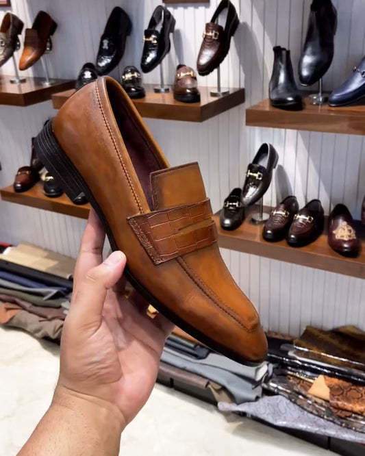 Burnished Tan Penny Loafers With Crocodile Strap