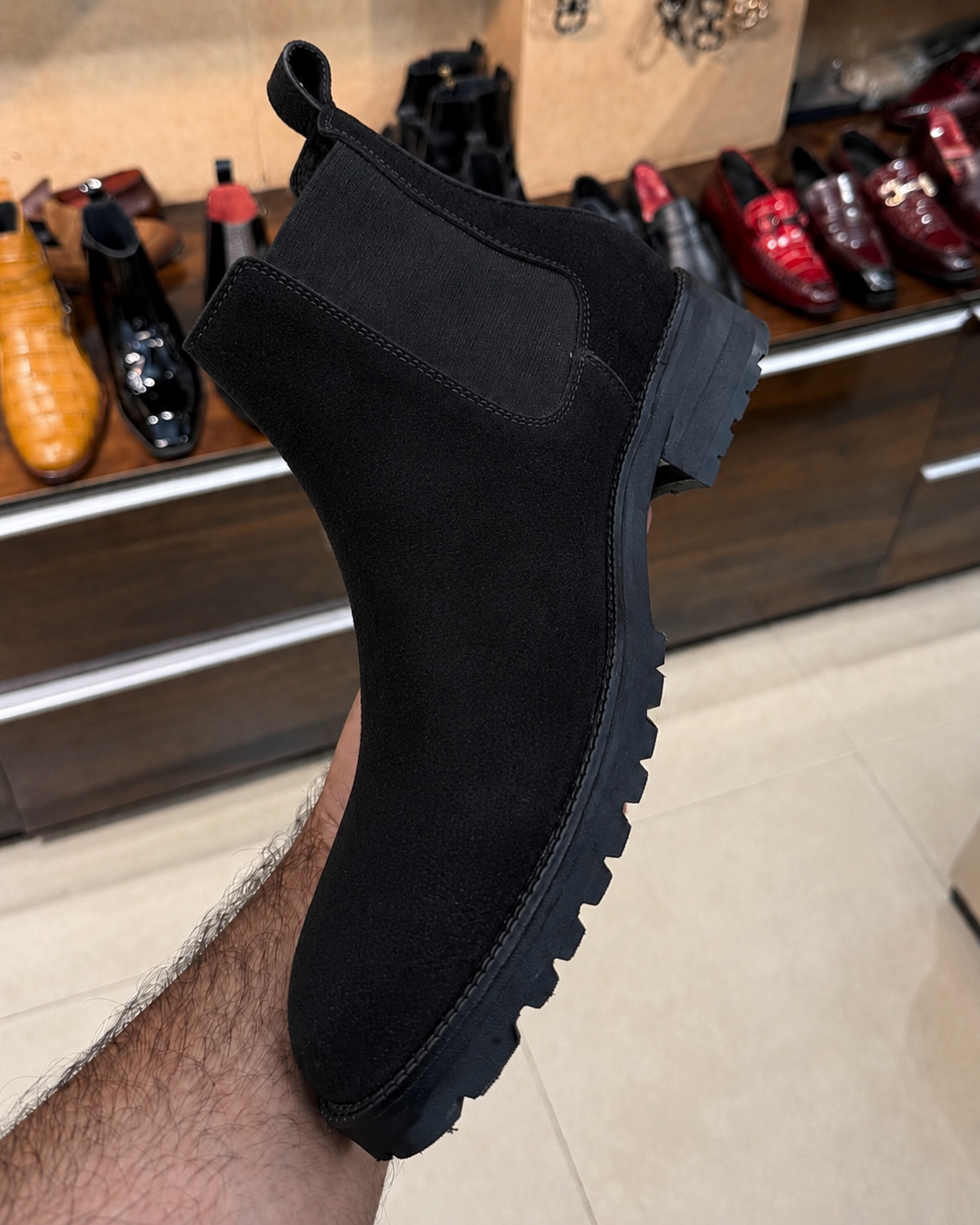 Chunky Black Suede Lug Sole Chelsea Boots