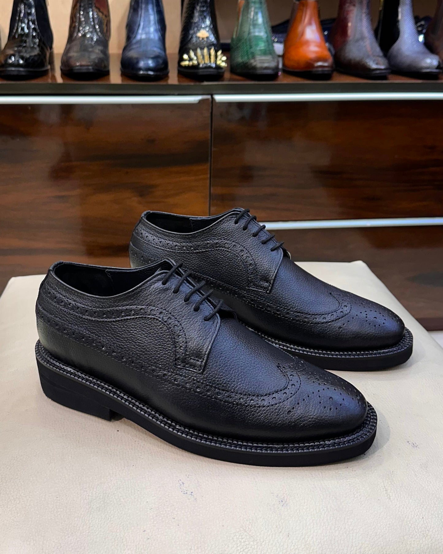 Classic Black Pebble Grain Leather Longwing Brogues