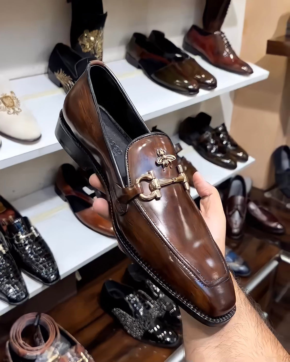 Brown Patina Loafers with Bee