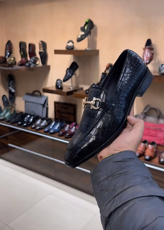 Charcoal Black Crocodile Scaled Loafers