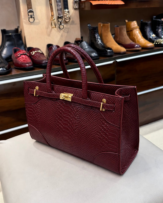 Burgundy Cobra Scaled Top Handle Handbag