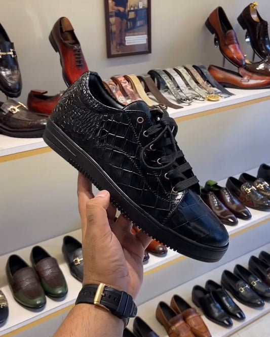 Charcoal Black Croc Scaled Sneakers