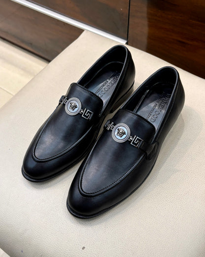 Black Calfskin Loafers with Silver Designer Horsebit