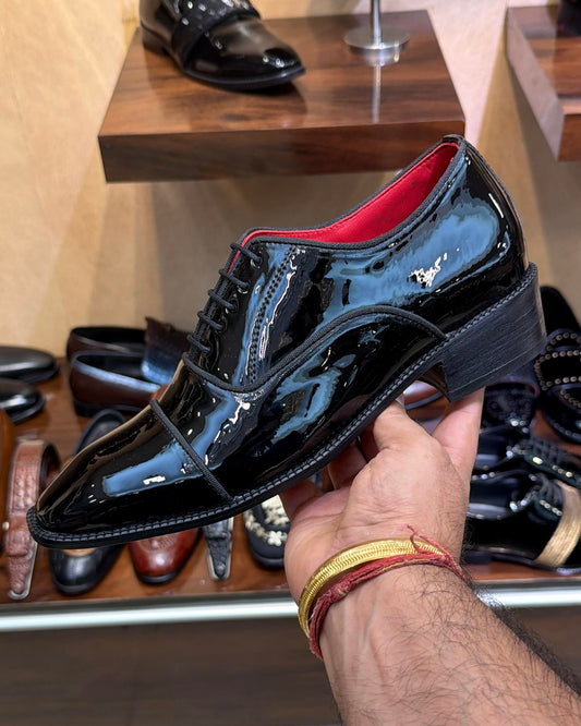 Black Patent Leather Cap Toe Oxfords with Red Bottom Sole