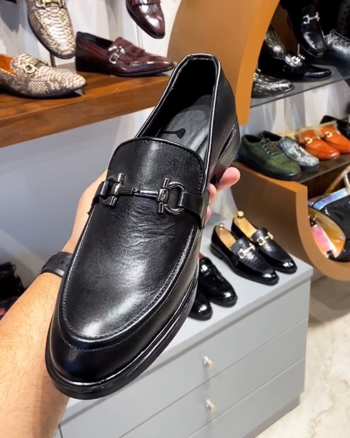 Classic Black Loafers with Silver Buckle and Rubber Sole