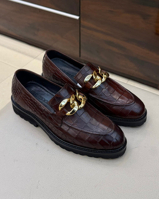 Dark Brown Croco Gold Chain Lug Sole Loafers