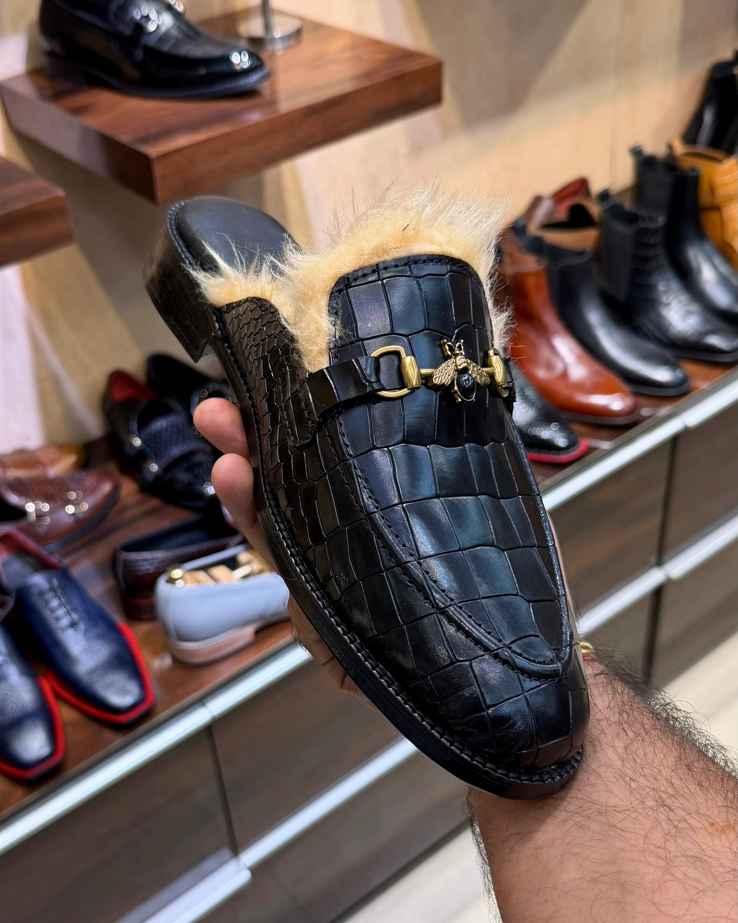 Black Crocodile Horsebit Fur Mules