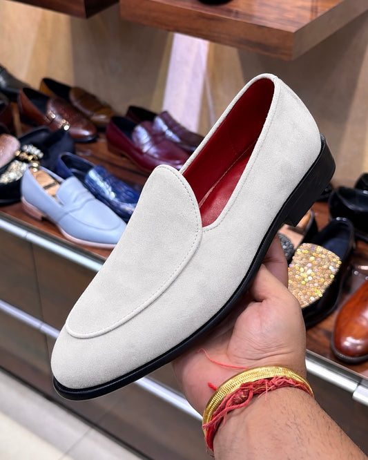 White Suede Belgian Loafers With Red Interior