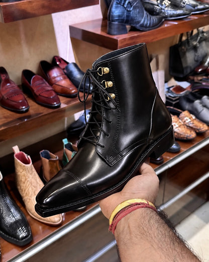 Goodyear Welted Polished Black Derby Cap Toe Boots