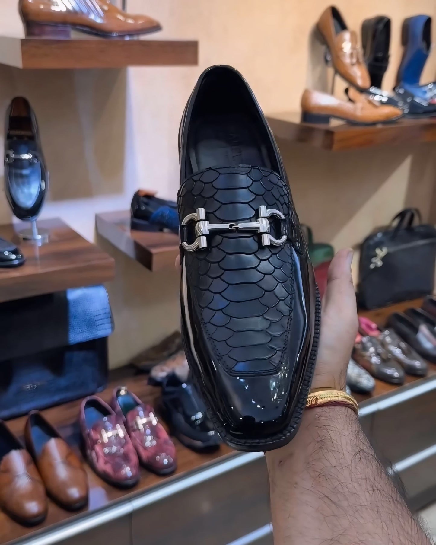 Black Patent Cobra Scaled Moccasins with Silver Metal Buckle