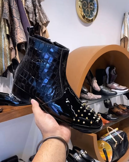 Luxe Edition Patent Croco Studded Toe Zipper Boots