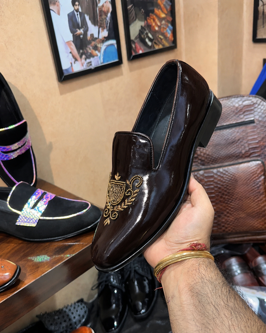 Dark Brown Gold Hand-embroidered Loafers