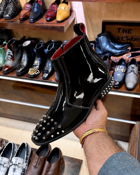 Black Patent Leather Studded Toe & Heel Boots With Red Bottoms