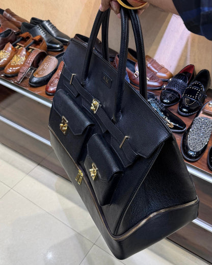 Black Full Grain Leather Travel Bag With Bottom Shoe Compartment