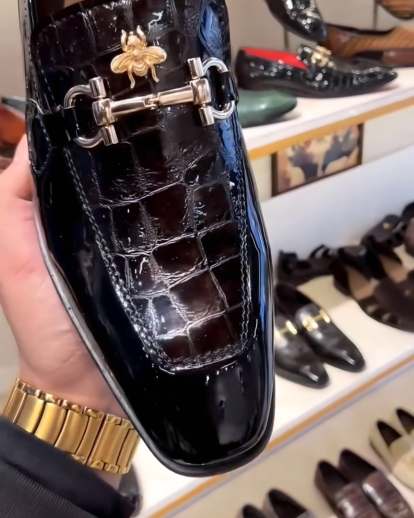 Luxe Edition Smokey Patent Croc Moccasins with Bee
