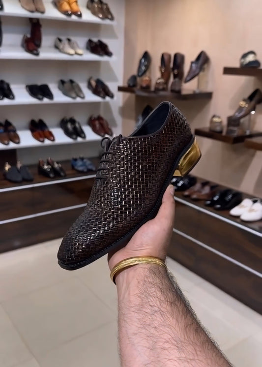 Brown Braided Leather Gold Heel Whole-cut Oxfords