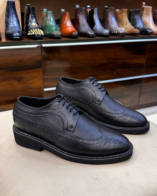 Classic Black Pebble Grain Leather Longwing Brogues