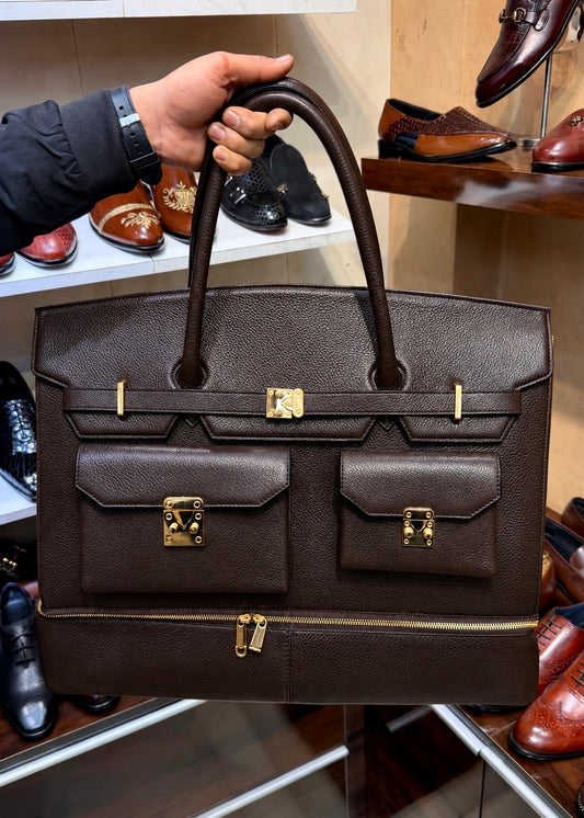 Dark Brown Full Grain Leather Travel Bag with Bottom Shoe Compartment
