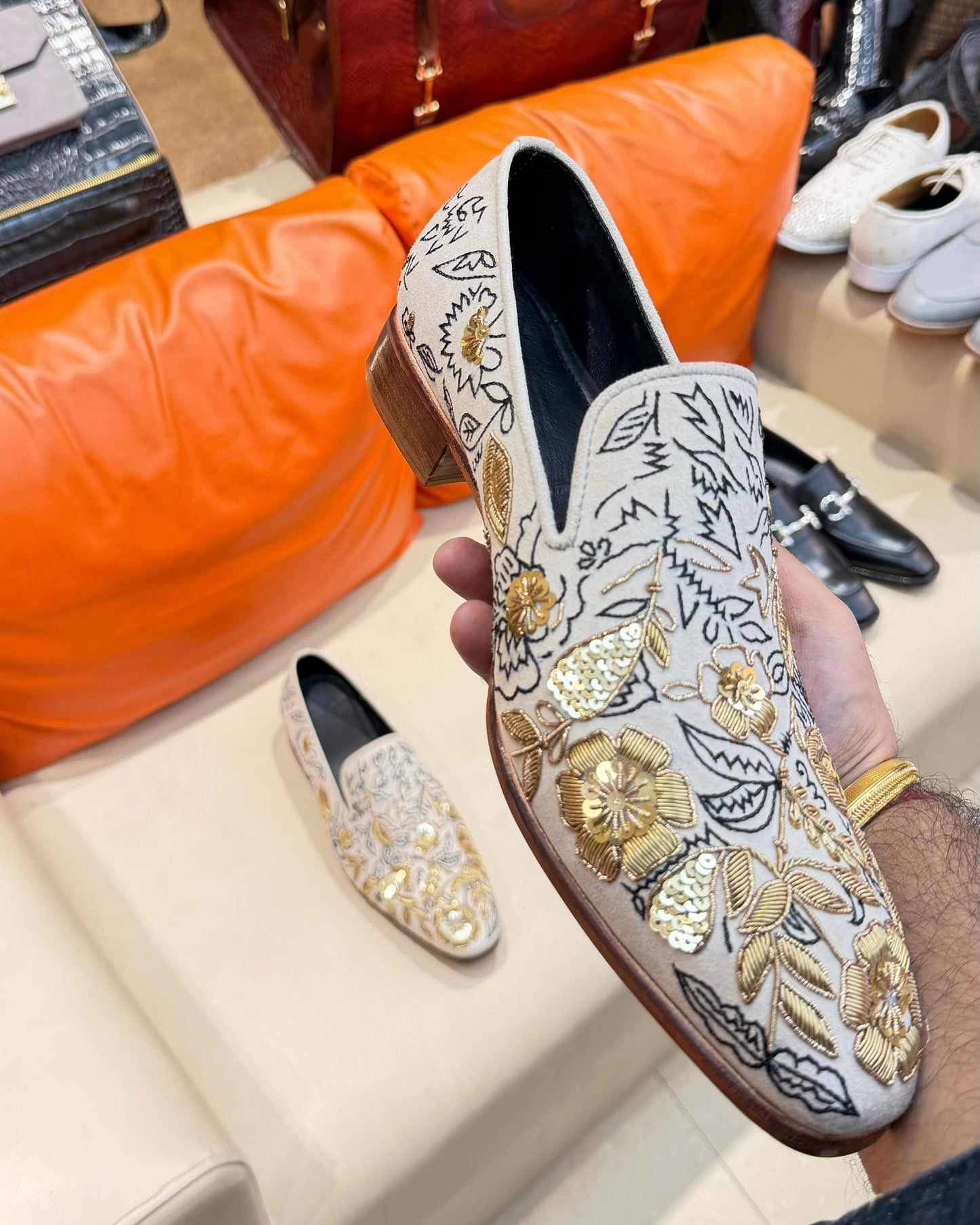 White Suede Hand-embroidered Loafers With Brown Sole