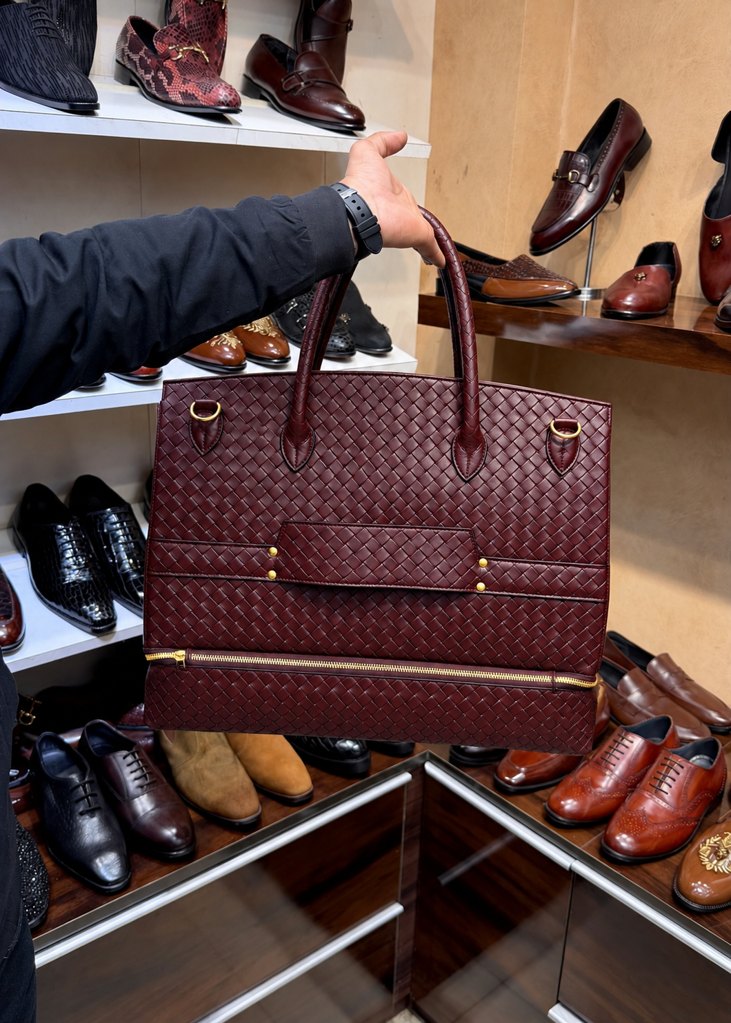 Burgundy Hand-Woven Leather Travel Bag with Bottom Shoe Compartment