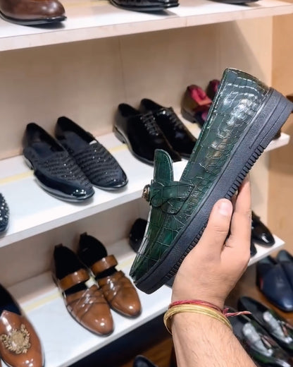 Dark Green Crocodile Scaled Sneakers